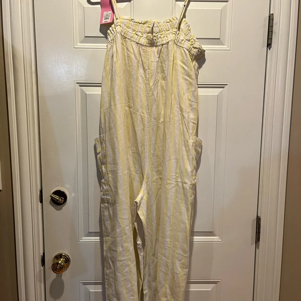 Stoney Clover Lane Linen Jumpsuit - Yellow & White - Size Large - Picture 3 of 10